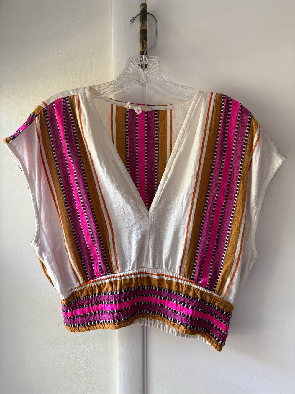 Elan Striped V-Neck Cropped Women's Top in Pink & White
